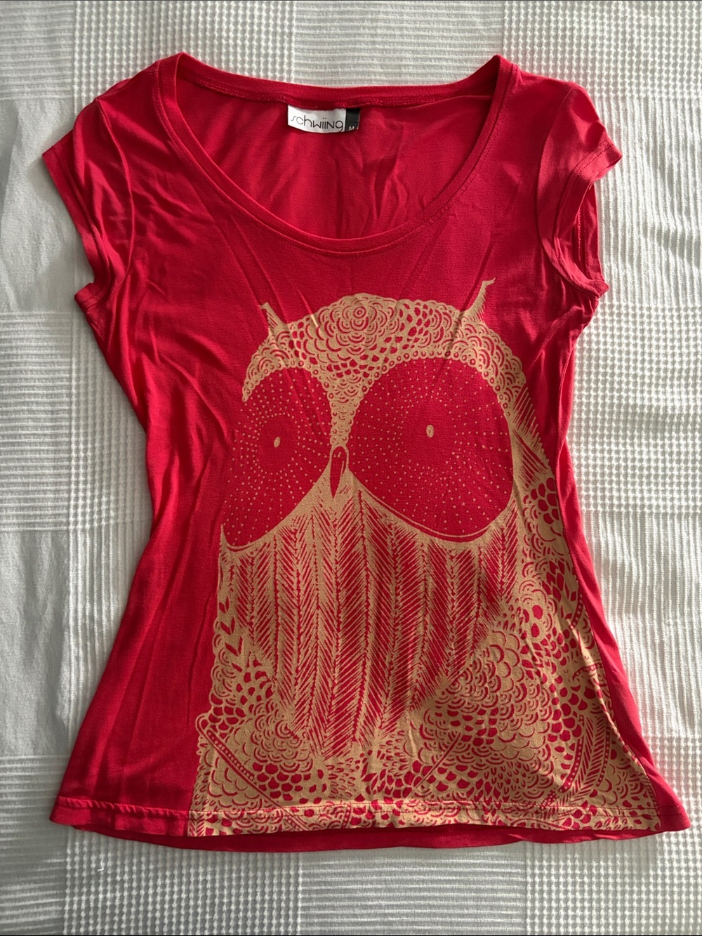 Red Scoop Neck Tee with Gold Owl Print
